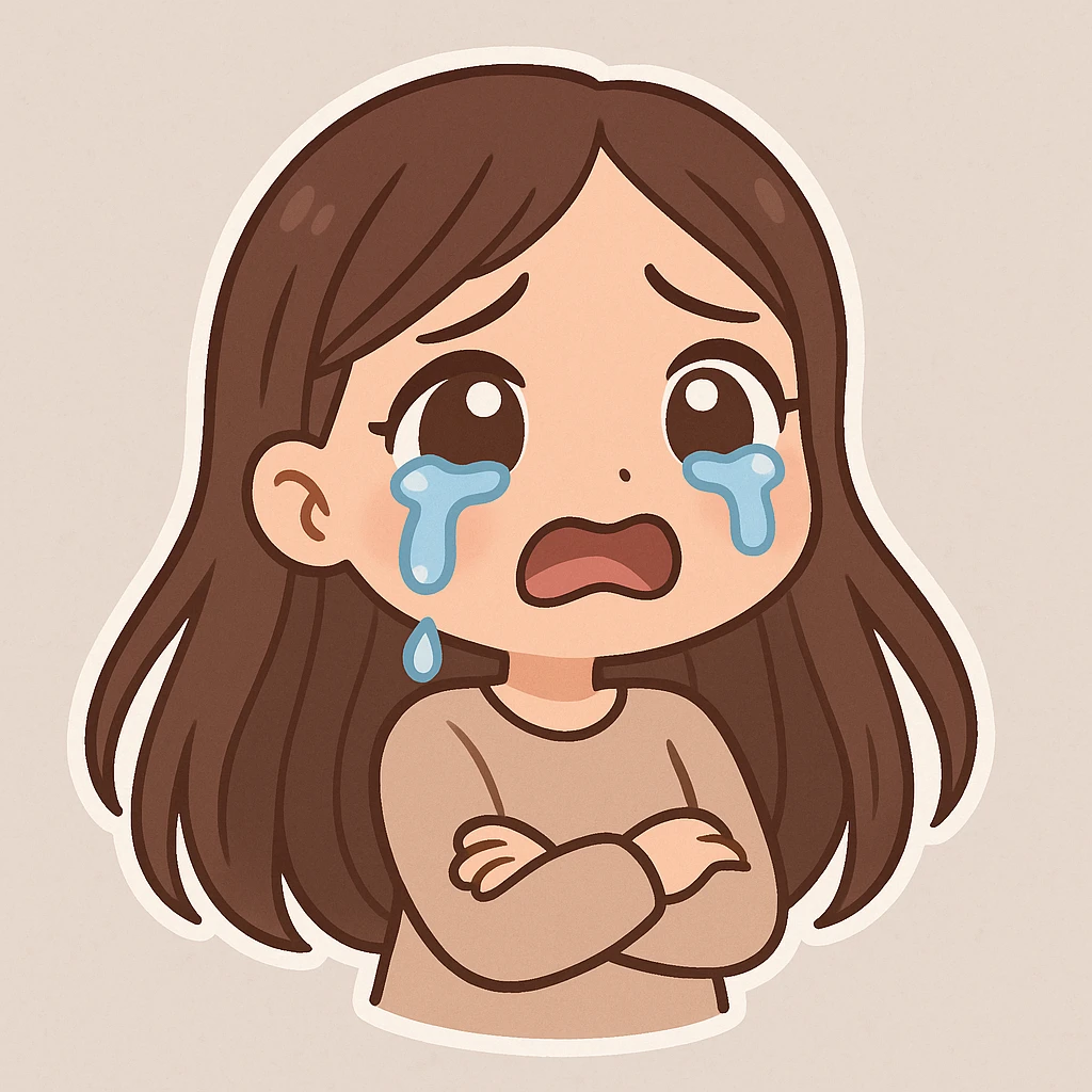 3D bitmoji chibi sticker of the girl from the reference, expressive face and eyes, long brown hair, crying with tears. emoji