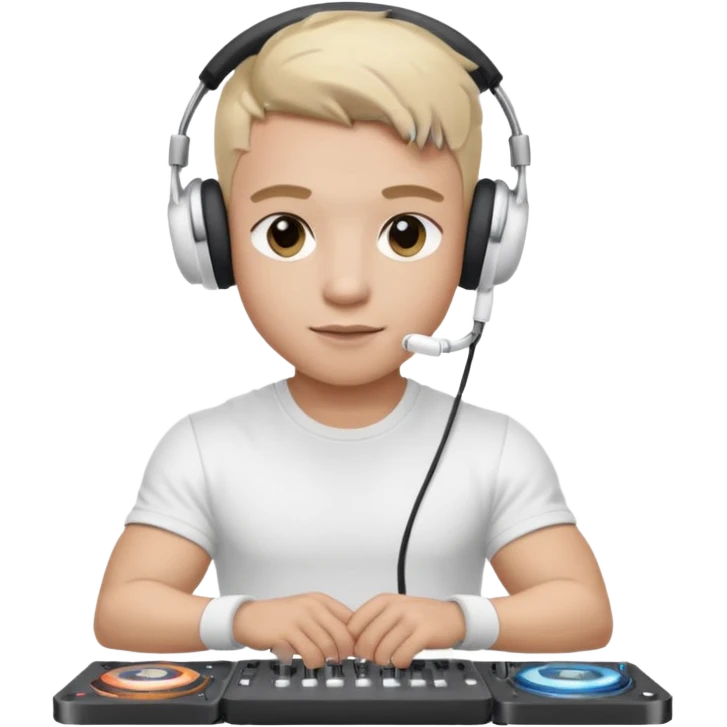 парень диджей накаченный молодой с диджейский микшером и ноутбуком красивый парень со светлыми волосами и черно кориченывыми глазамами и в наушниках apple airpods белых, в белой футболке emoji