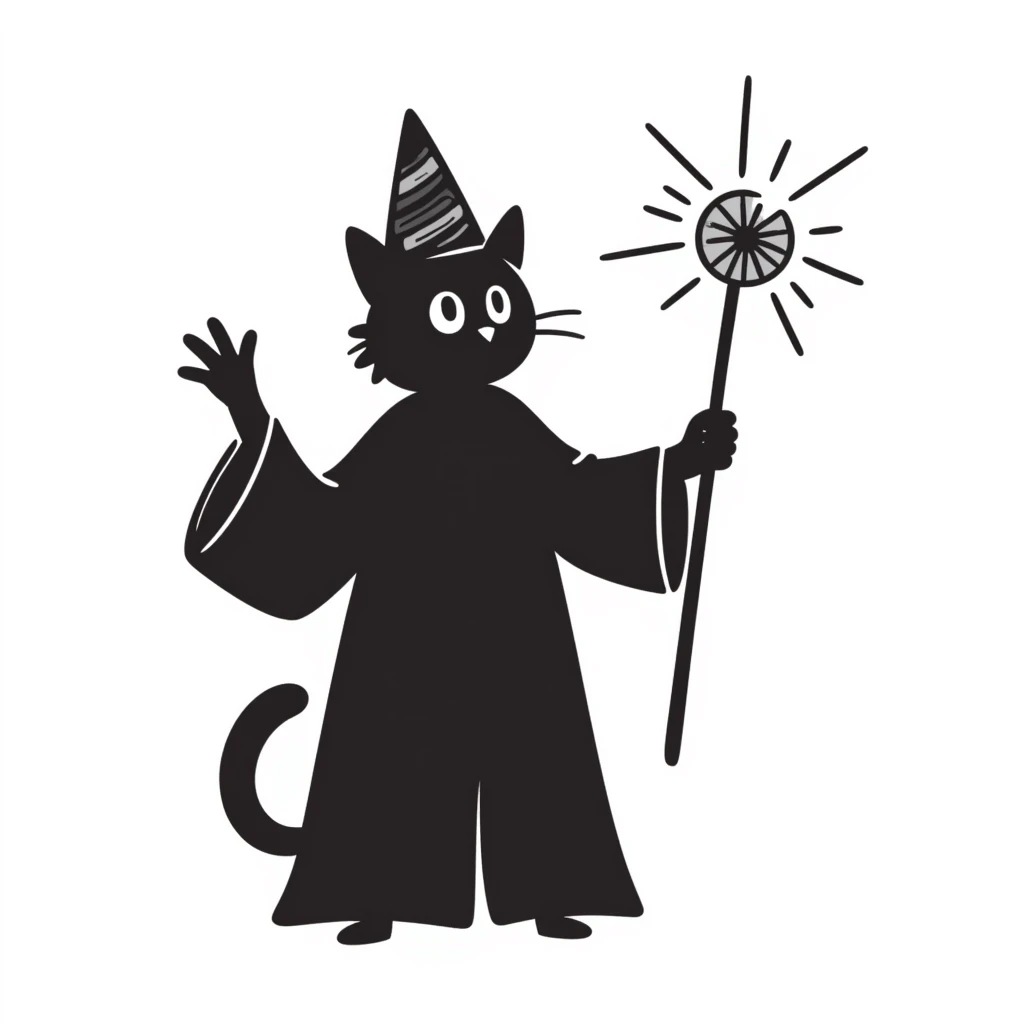 A cat wizard casting a spell with magical staff and flowing robes emoji
