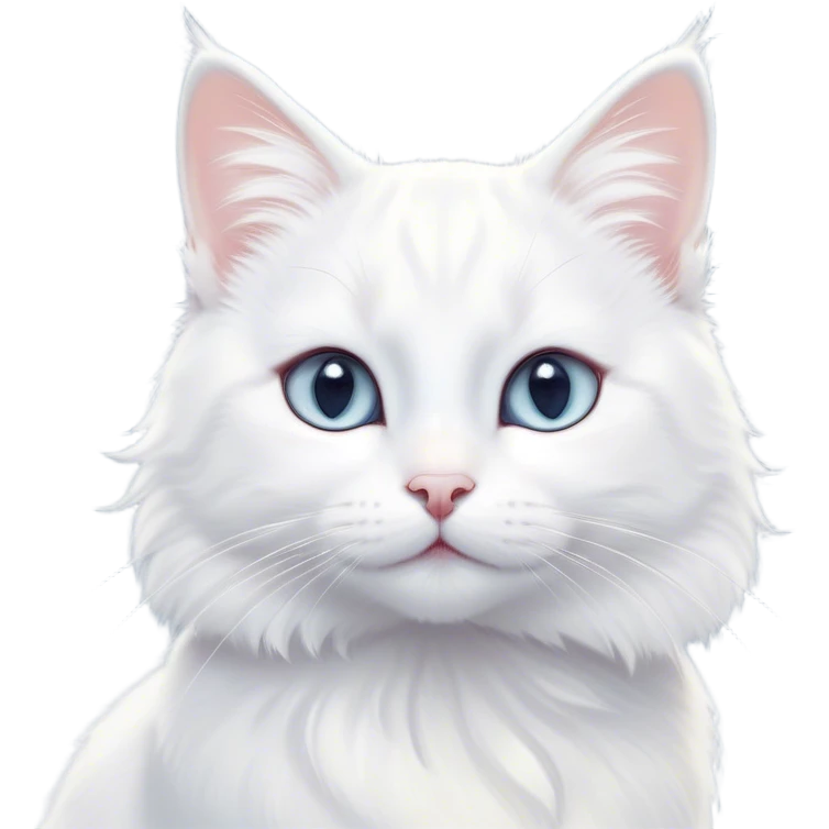 Cinematic Cute White Cat Portrait Emoji, Head tilted with a soft, gentle smile and sparkling eyes, featuring a silky, pristine white fur with subtle silver highlights, simplified yet irresistibly adorable, highly detailed, glowing with a warm, snowy glow, high shine, radiating affectionate charm and tender grace, styled with a light, playful outline, capturing the essence of a cute white cat that looks as if it could melt your heart with a single blink! emoji