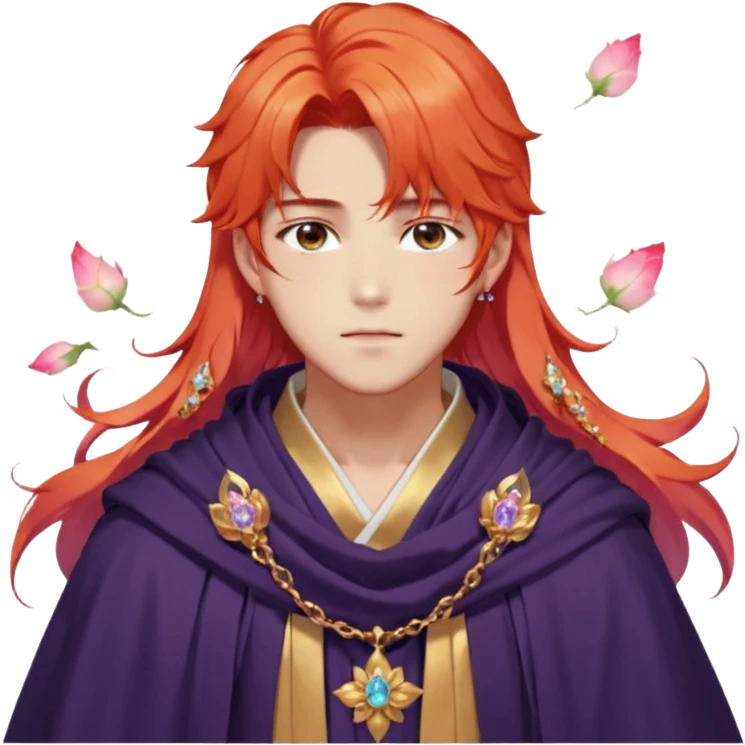 Beautiful gorgeous blushing Korean-BTS-anime guy with beautiful fiery-special-medium-long-hair, fashion aesthetic, ethereal, fairycore, pastelcore, flower petals, crystals, layered robes, toga, cloak scarf, accessories, jewelries, gold, colorful, shiny, trending style, outside emoji