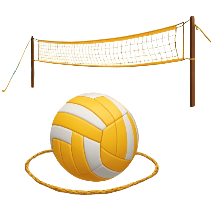 A volleyball resting on the yellow sand on a beach, with the net in the background and a scenic view of the ocean and sky. The scene captures the relaxed yet competitive vibe of beach volleyball, with warm sunlight and the natural beauty of the beach. emoji