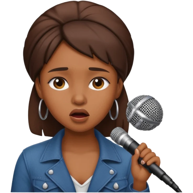 Brown skin girl singing into a microphone looking sad  emoji
