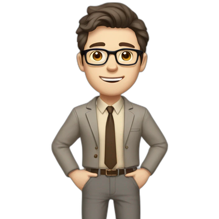 Joyful Full height Pale skinned Fit Man With dark brown hair in gray classic jacket, beige office shirt, Brown pants and vintage glasses. Thrumbs of his palms are up emoji