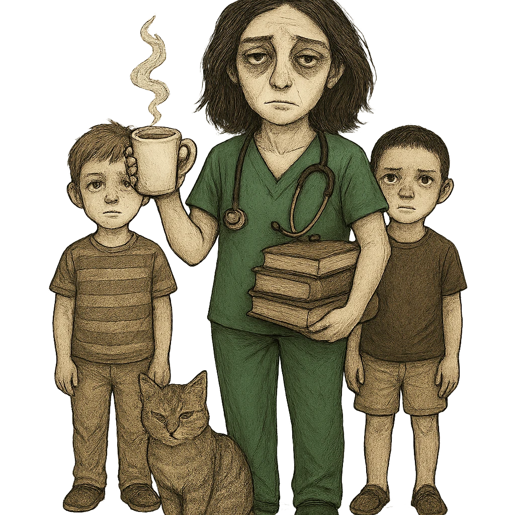 Edit the image to add two boys. The woman should be wearing Kelly green scrubs, with longer and darker hair. She should be holding a coffee cup, with a stethoscope around her neck, and a stack of books nearby. Include a cat at her feet. She has pale skin, gray eyes, and a tired expression. Remove the background entirely. emoji