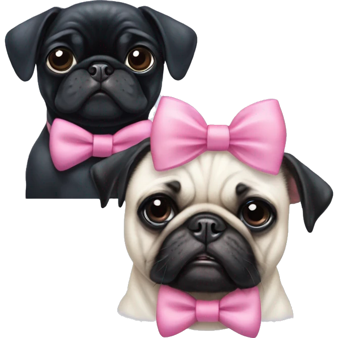 Black pug wearing a pink bow on head with a fully white pug with white ears wearing a blue bow tie emoji