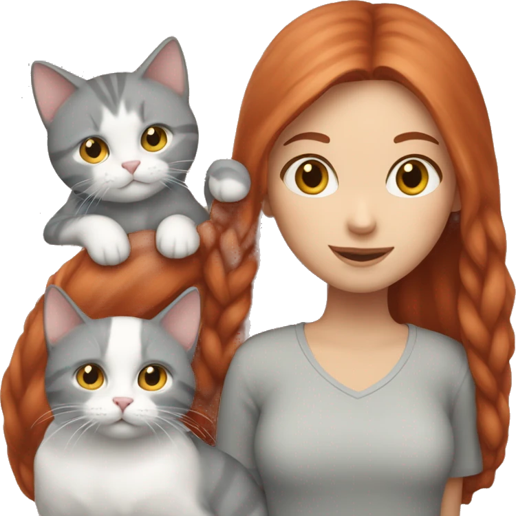 Red haired girl holding 1 cat and 1 grey and white cat emoji