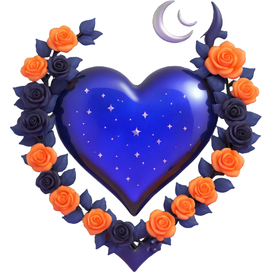 gothic heart made of midnight blue glass with a silver crescent moon, tiny black roses, shimmering stardust, pearlescent finish emoji