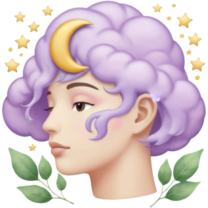 watercolor-style emoji of a human head silhouette with “AI” inside a lilac cloud, connected to a soft circuit shape. gentle pastel palette (sage green, blush, lilac), surrounded by leaves, moon, and stars — poetic and calm aesthetic. emoji