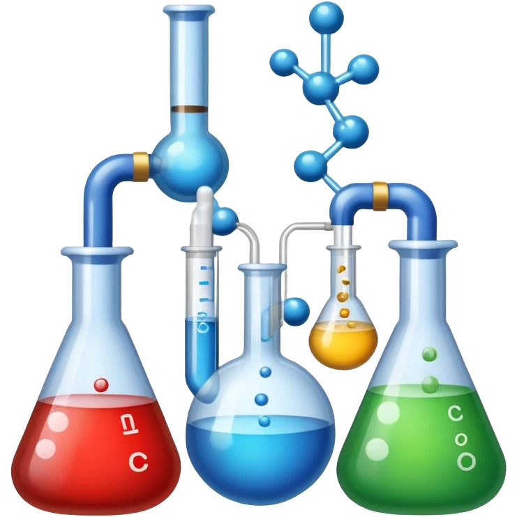 An icon featuring chemical flasks with tubes, representing hydrolysis, along with liquids, powders, and chemical formulas. The design includes molecules and reaction symbols, symbolizing the study of chemical processes and compounds. Transparent background highlights the science of reactions. emoji