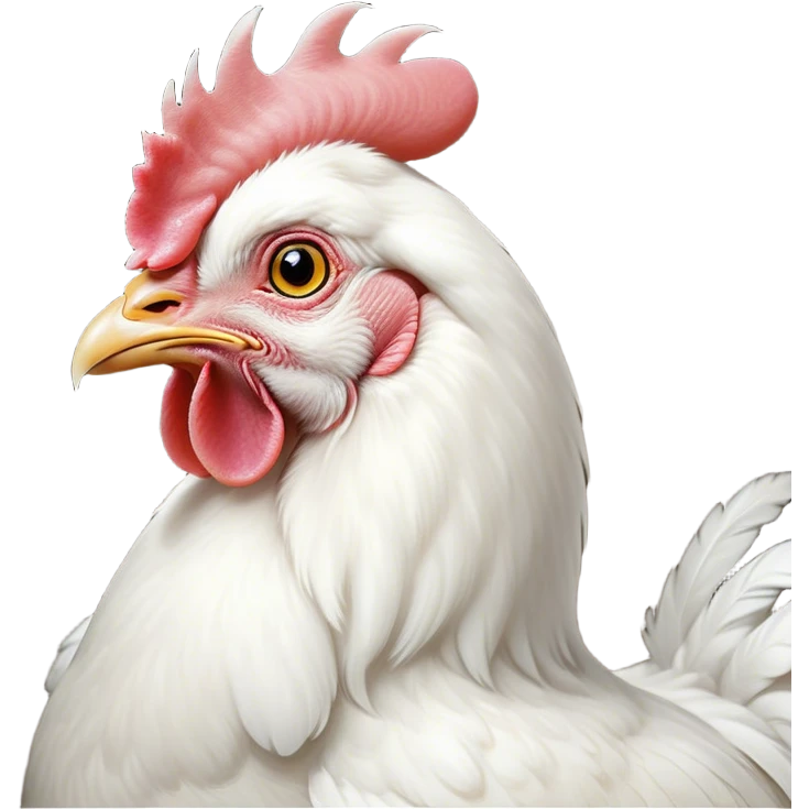 Cinematic Noble White Chicken Portrait Emoji, Poised and regal, with a compact, sturdy build and a pristine, well-groomed pure white plumage, deep-set soulful beady eyes, Simplified yet sharp and sophisticated features, highly detailed, glowing with a soft, dignified glow, high shine, intelligent and alert, stylized with an air of barnyard elegance, focused and attentive, soft glowing outline, capturing the essence of a watchful and confident fowl, so majestic it feels as though it could strut out of the screen with effortless authority! emoji