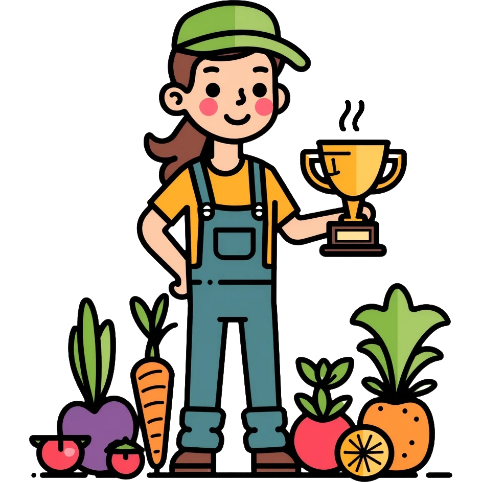 Happy gardener with trophy and prize vegetables emoji
