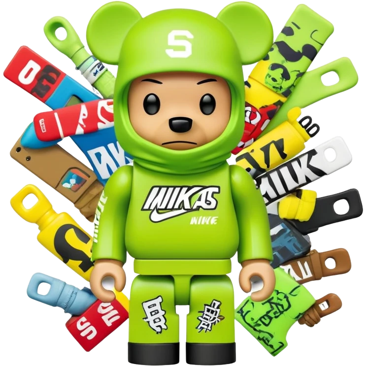 bearbrick toy with cubic head wearing a lime green balaclava covered in multiple street brand logos like Supreme, Nike, Adidas, Off-White in graffiti style, chaotic and adventurous logo placement, expressive eyebrows emoji