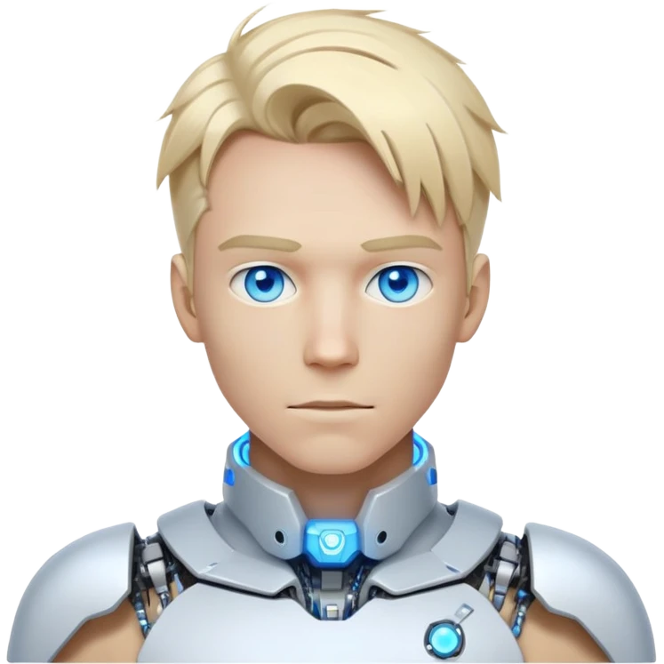 Cyborg male with tousled straight blond hair, partly mechanical face, glowing eyes, white tech collar emoji