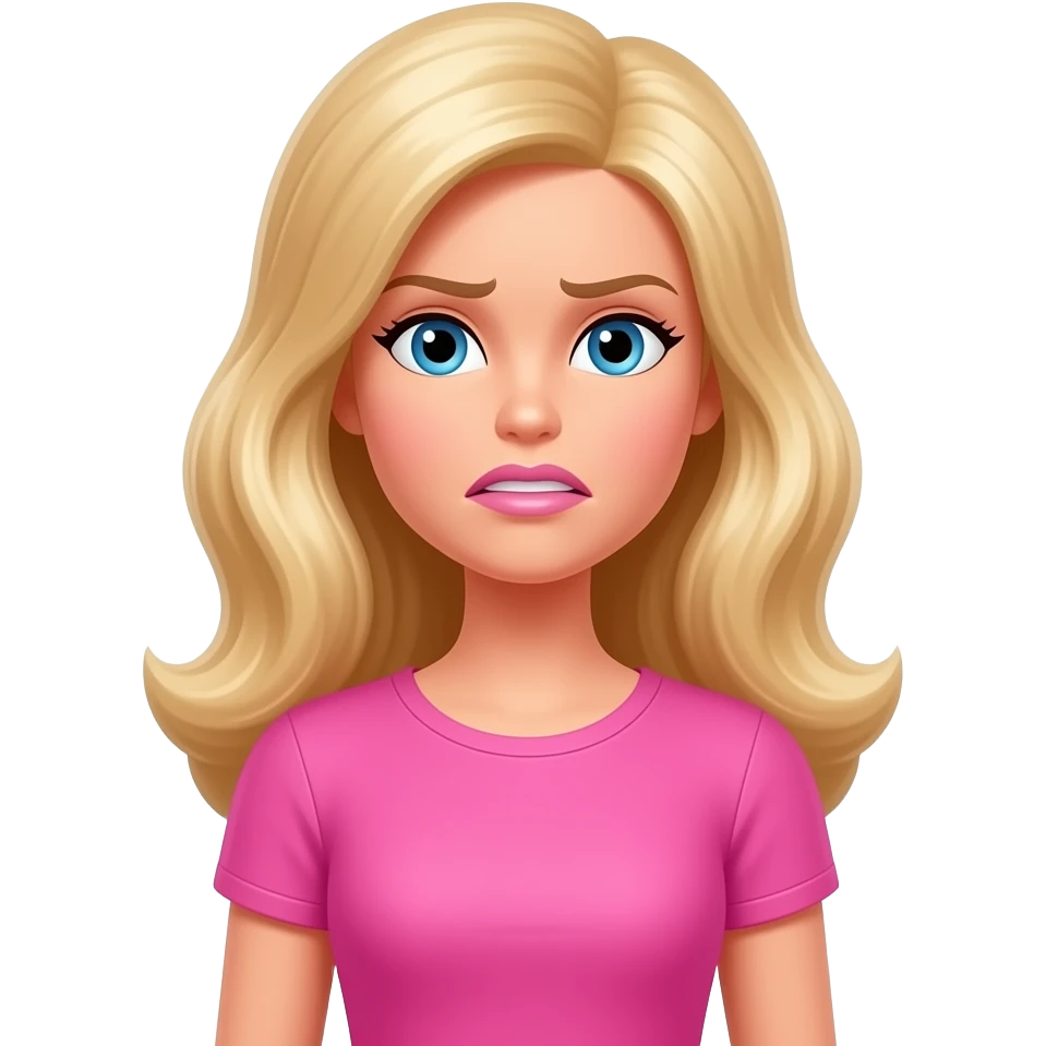 barbie character wearign a pink shirt with sleeves with a fustrated expression emoji