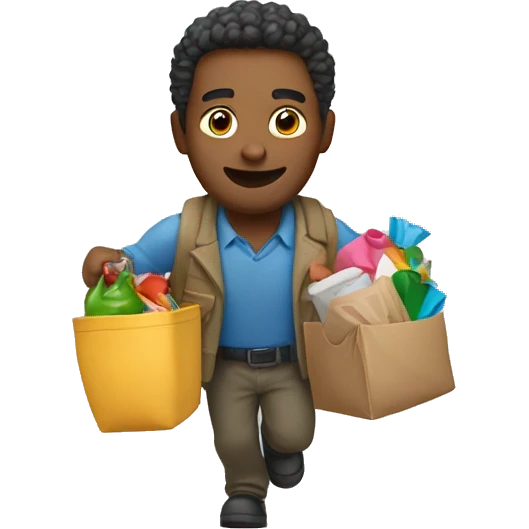 a man collects a bunch of things and runs emoji