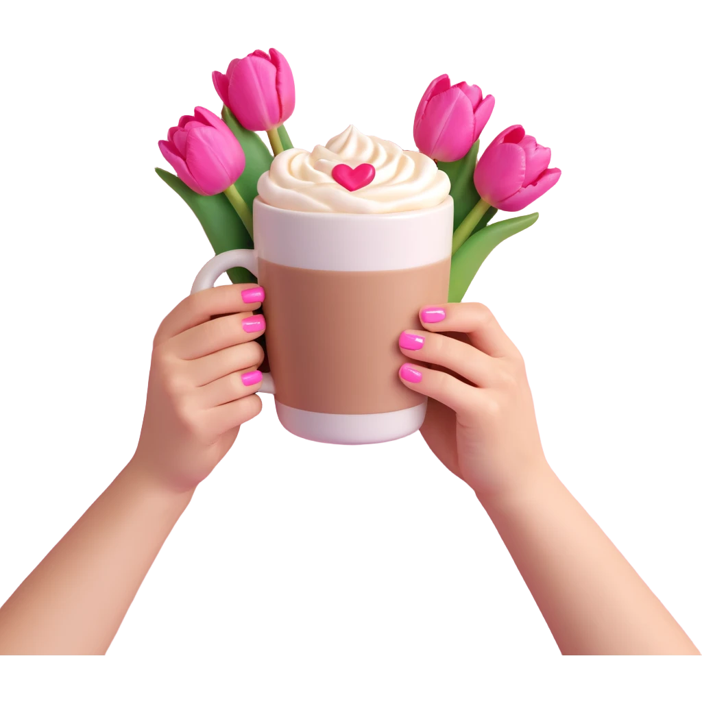 hands with pink nails holding a coffee cup, heart-shaped latte art, pink tulip bouquet in the background, light pastel colors emoji