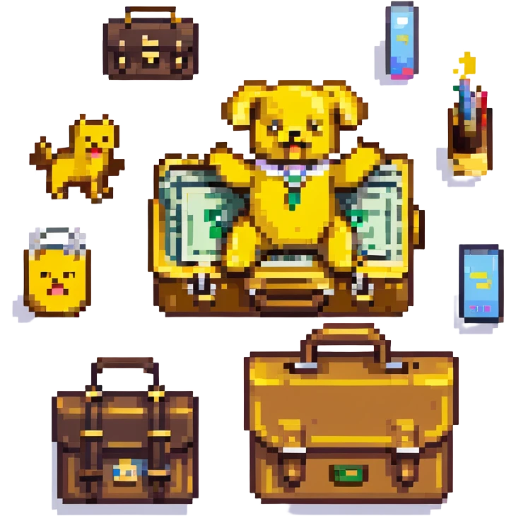 Yellow emoji with karate dogs, a briefcase, money, a phone and a paintbrush flying in its aura emoji