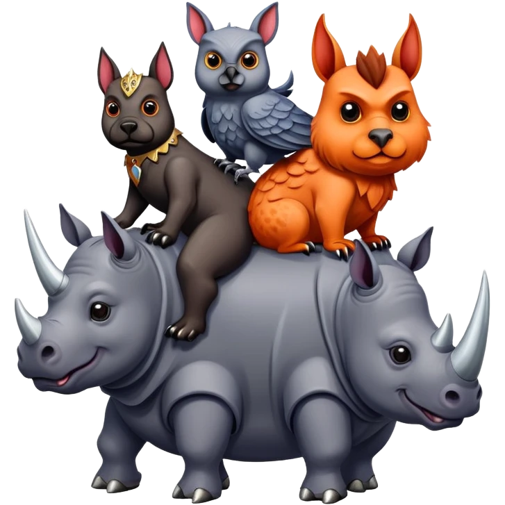 Two Scottish terriers and an owl riding a rhino emoji