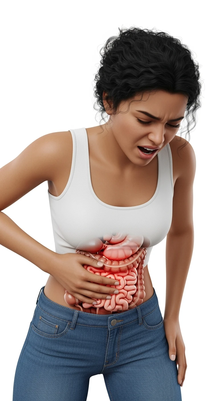 donna giovane piegata in avanti con mal di pancia e INTESTINO UMANO ANATOMICO IN EVIDENZA, iperrealistica 4k, ISOLATA SU SFONDO BIANCO emoji
