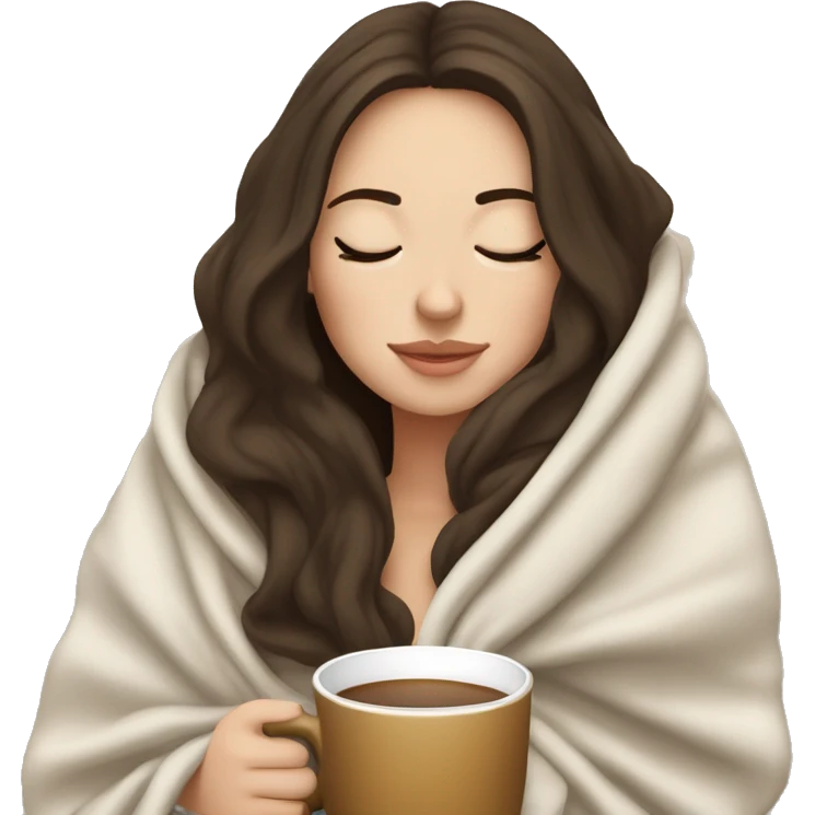 White girl brunette inside a blanket sipping coffee eyes closed emoji