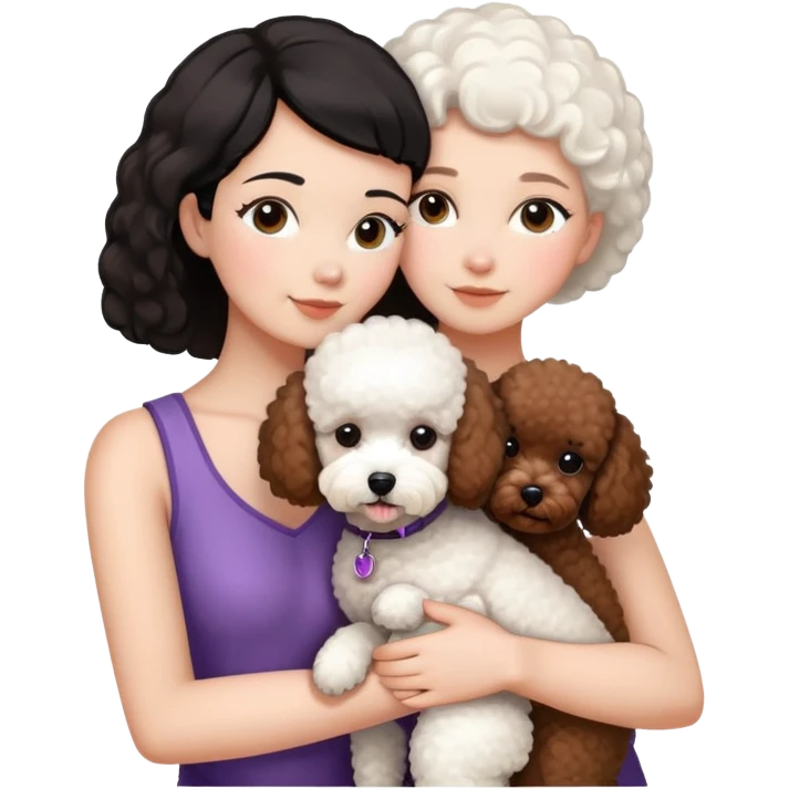 Woman with short black straight hair hugging a brown poodle and a white bichon frise emoji
