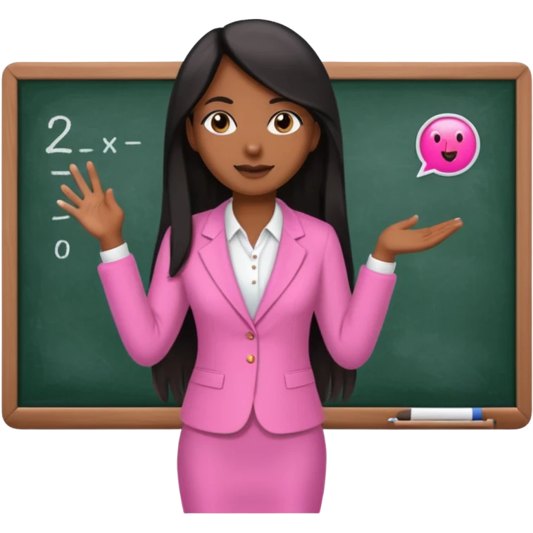 a brown skin teacher with hair with black straight long hair wearing pink not hot pink 2 piece set teaching up on a board the board  emoji
