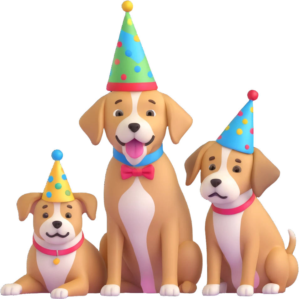 boy and his dog at party with party hats emoji