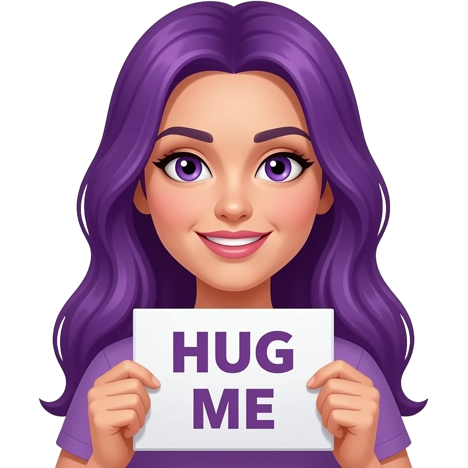 sexy girl with long purple hair and purple eyes holding HUG ME sign emoji
