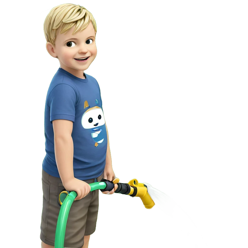 smiling boy outdoors with hose emoji