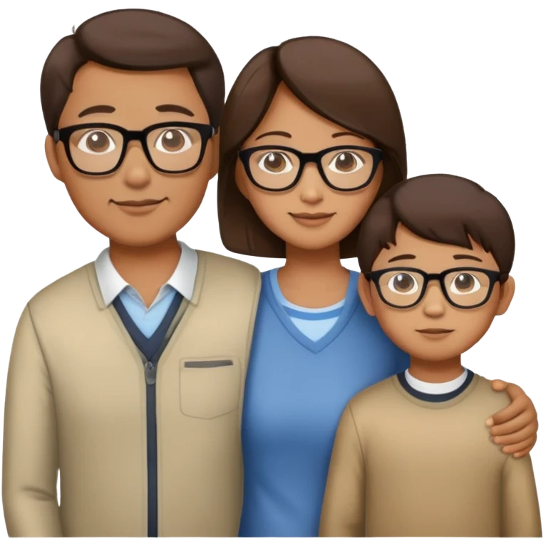 Asian Family with brown hair mom glassed dad son and son emoji