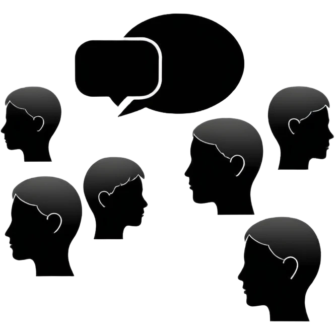 Minimalistic flat vector icon, iOS style, thin black contour on white background. Human head with speech bubble and small group of people silhouettes listening. Clean, no text, no shadows emoji