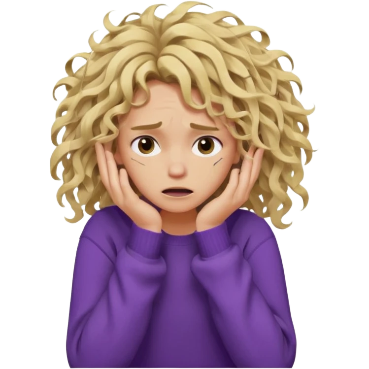 Emoji-style illustration of a frustrated young woman, messy, tangled, curly tousled blonde hair, clearly unkempt and chaotic, wearing a purple sweater, holding her face in her hands, expressing annoyance and disappointment, cartoonish, expressive, simple lines, flat colors, clear silhouette,  emoji