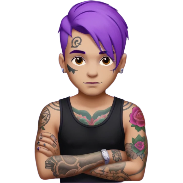 men with tatoos and hightlight that tatoos with purple hair and black dress and close look emoji