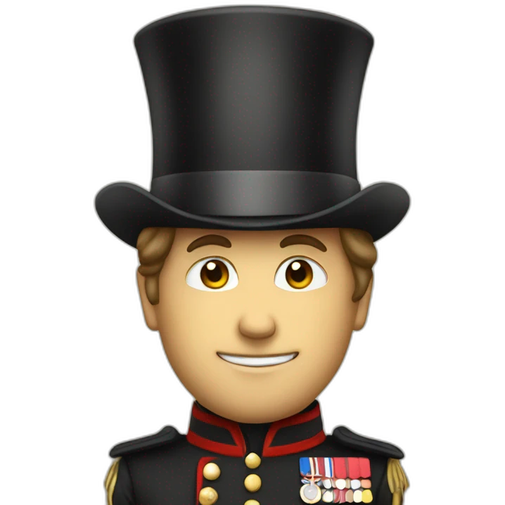 british man with a cup and hes actually with a tophat and a army outfit  emoji