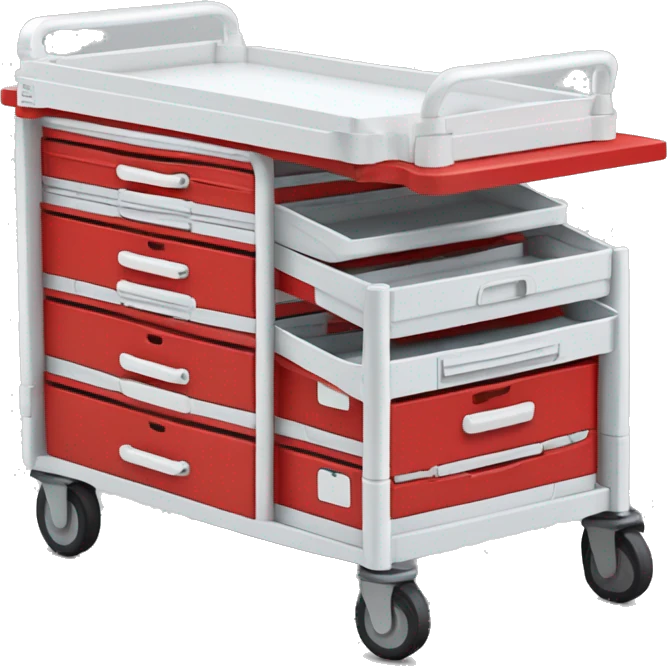 Singular Red medical crash cart is a mobile, multi-drawer unit designed to store and organize emergency medical supplies and equipment emoji
