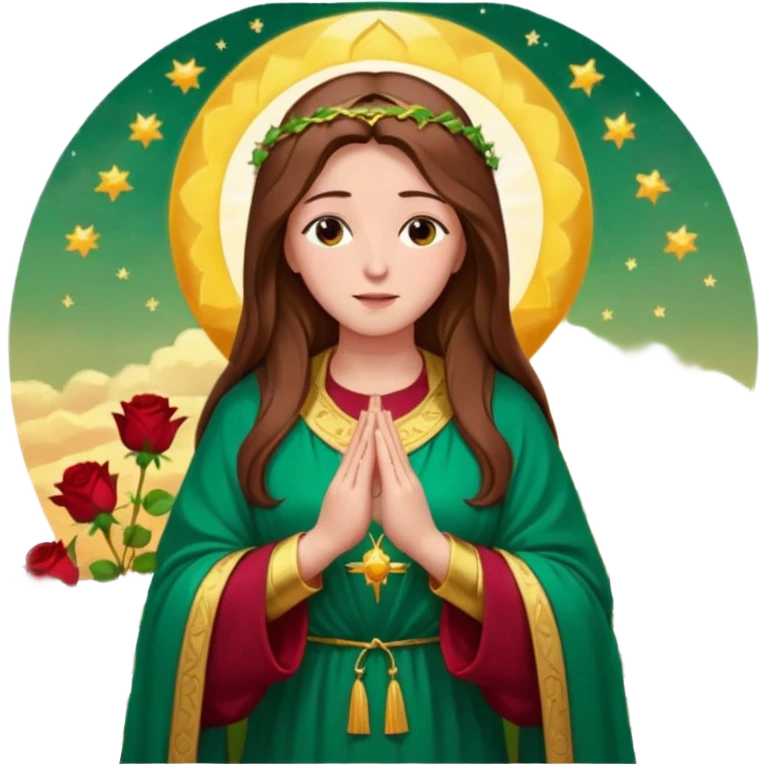 fullbody Virgin Mary front view kind face long brown hair emerald green robe with gold stars burgundy red dress hands in prayer halo standing in front of a big sun colorful roses on the sides emoji