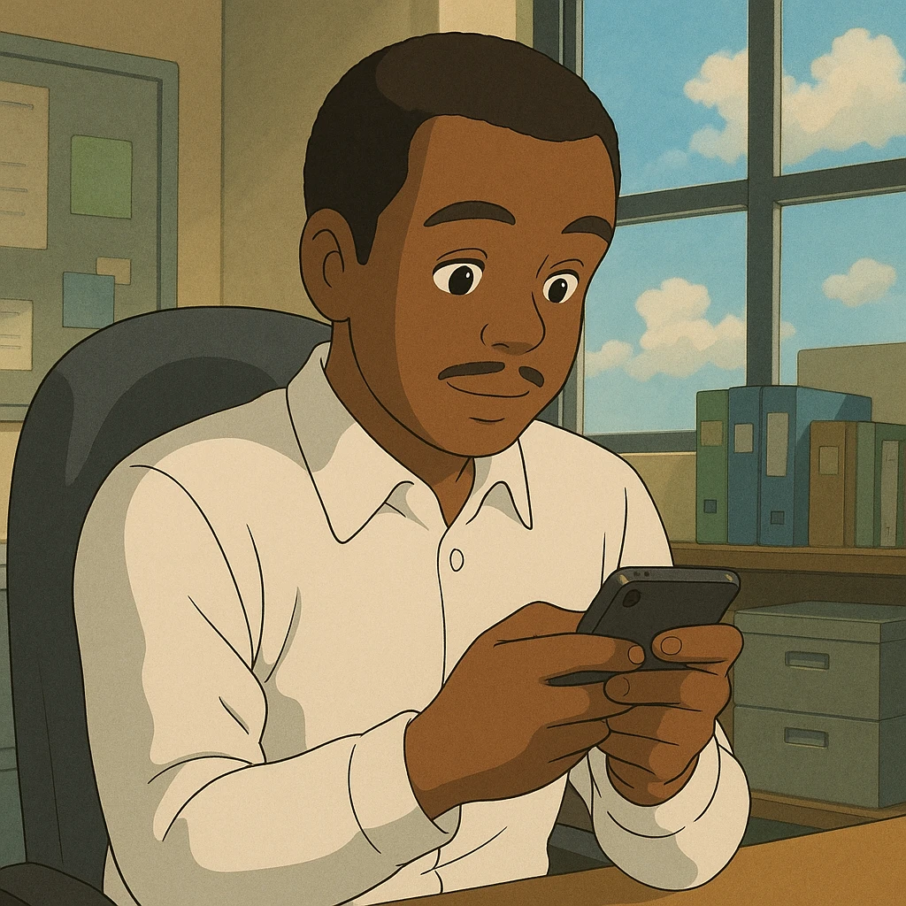 Black office employee, white shirt, playing on his phone emoji