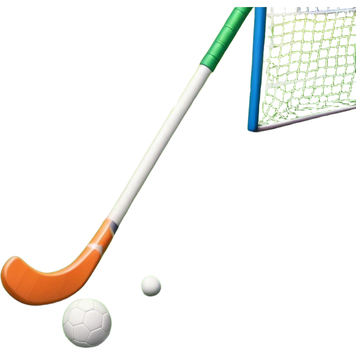A field hockey stick and ball resting on a well-maintained green grass field, with the goalposts and markings visible in the background. The scene highlights the precision and focus of the sport, with the vibrant green pitch creating a dynamic atmosphere. emoji