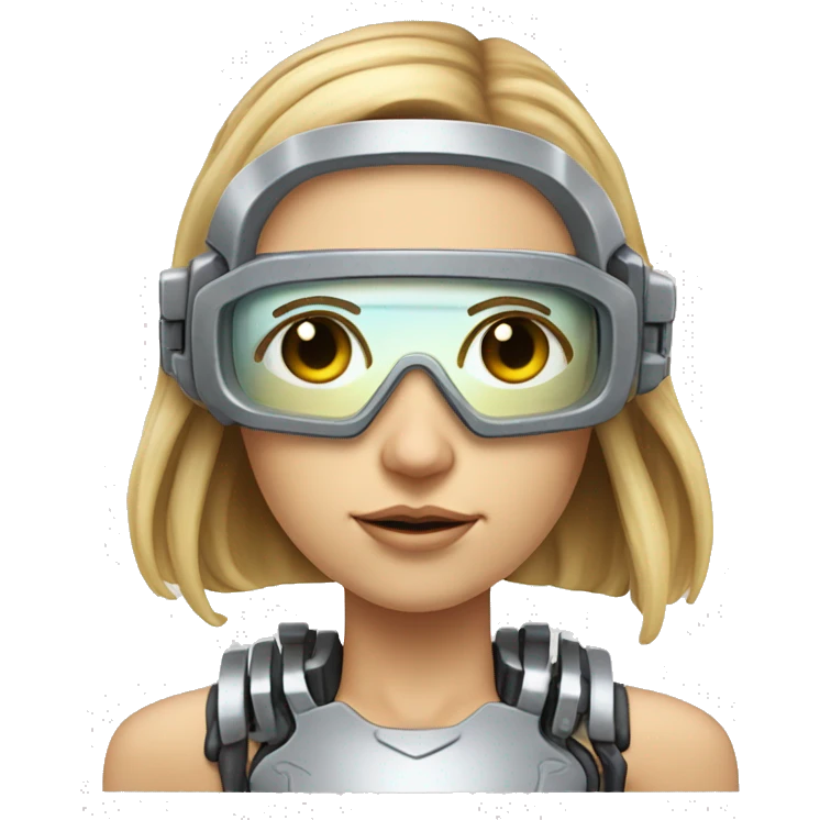 female cyborg head, fair skin, Brown long hair with blonde steaks, space age goggles and circuits emoji