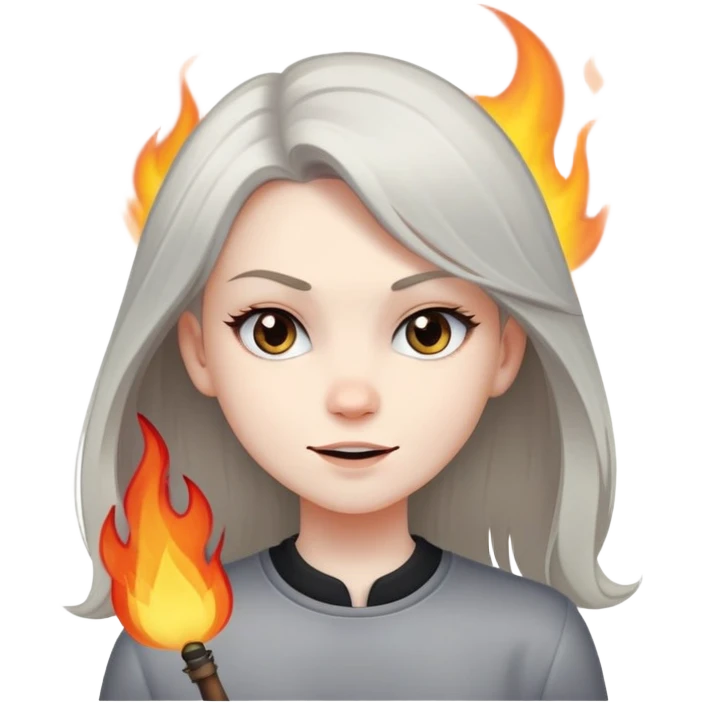 girl with a mischievous smirk standing in the foreground, while small flames or smoke rise in the background. The character has straight hair and a confident expression. emoji