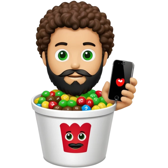 KFC bucket with a green M&M character sitting inside it, the M&M has a black beard, curly hair, and is holding an iPhone emoji