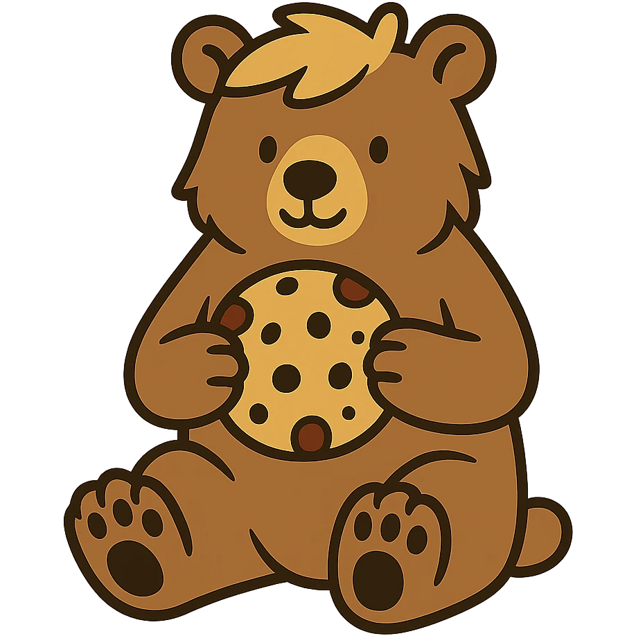 flat toon style blonde grizzly bear sitting, full body, holding a large chocolate chip cookie emoji