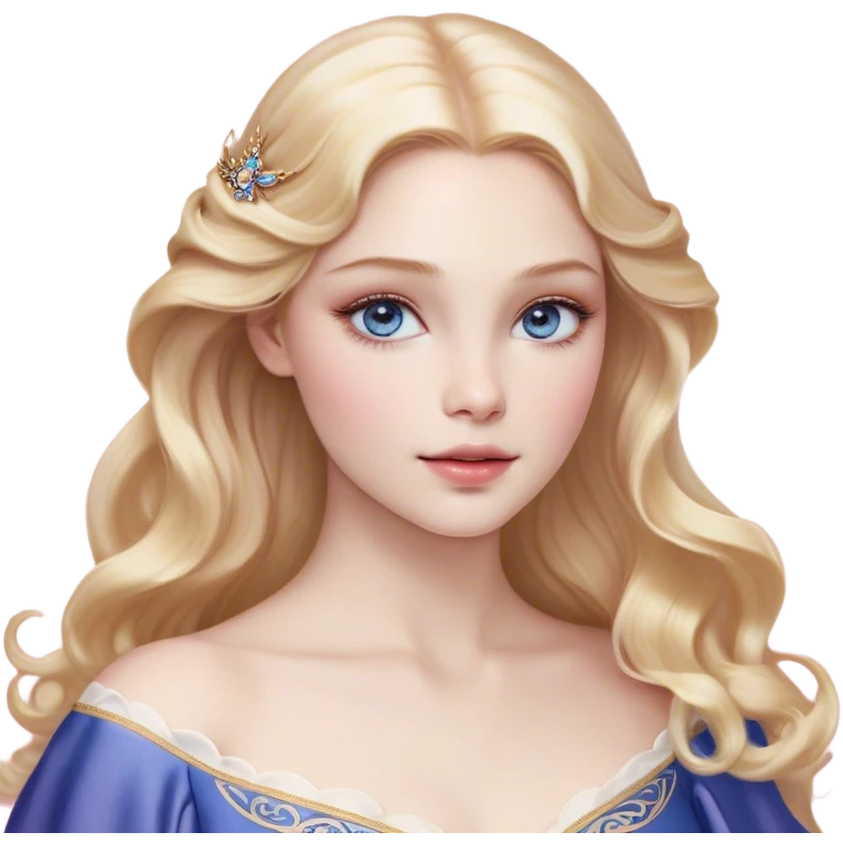 Cinematic Realistic Sleeping Beauty (Aurora) Portrait, with porcelain-like skin featuring a natural rosy flush, illuminated by soft lighting that highlights the gentle contours of her face. Her golden blonde hair flows in soft, detailed waves with subtle highlights that shimmer in the light. Her deep violet-blue eyes radiate warmth and innocence, framed by arched brows and long lashes. With a soft, serene smile, she holds a delicate rose gently in one hand, her other hand resting lightly by her side. She is dressed in her classic pink gown, the fabric rich in texture with delicate folds that catch the light. A golden crown rests atop her head, gleaming with royal refinement. The portrait captures a soft, glowing aura, blending realism with an ethereal sense of beauty and timeless enchantment. emoji