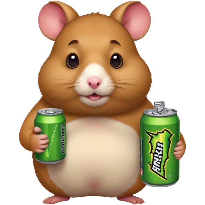 Funny cartoon-style fat hamster wide eyed holding a can of monster energy in one hand and redbull in the other hand emoji