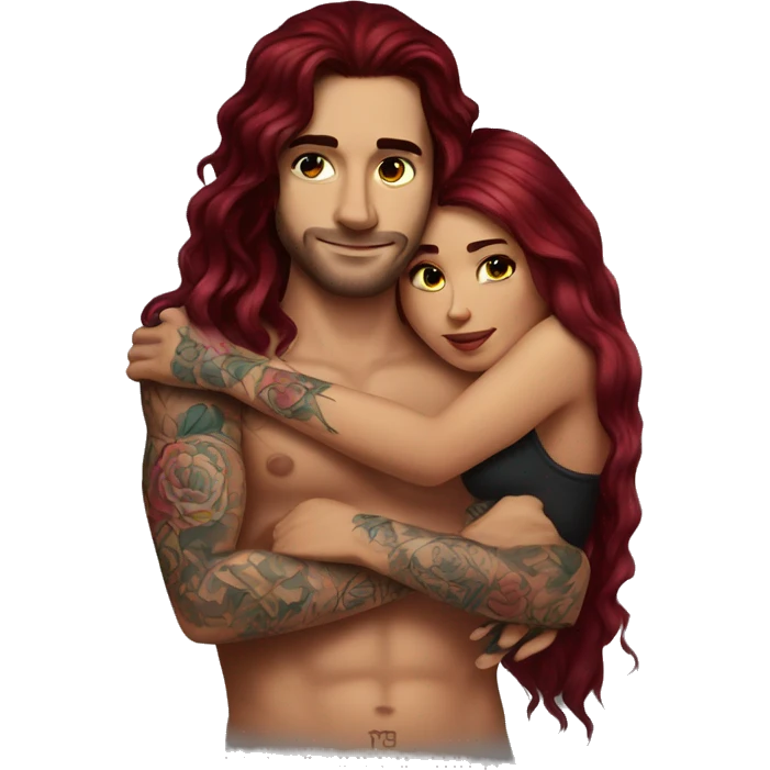Beautiful tattooed burgundy long haired woman laying on the boyfriends chest emoji