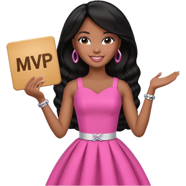 Black barbie, long black  hair, pink dress holding mvp sign  emoji