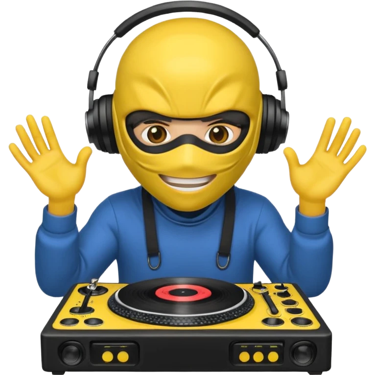 Make a customized yellow head emoji with hands and holding a dj turn table  in a ninja face mask emoji