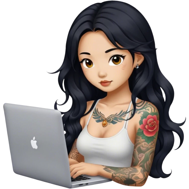 beautiful girl, with tattoos, with long black hair, wavy hair, chinese, with laptop emoji