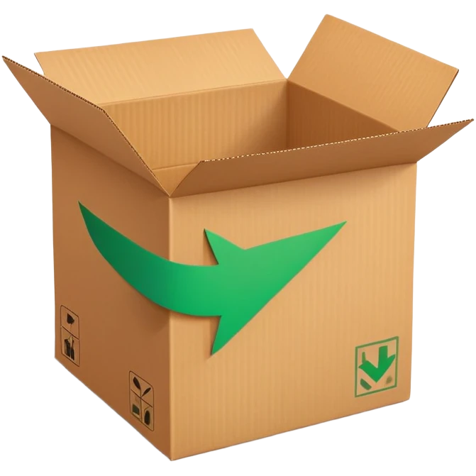 closed cardboard box with a circular arrow and a green checkmark inside the arrow, positioned above the box in the upper right corner emoji